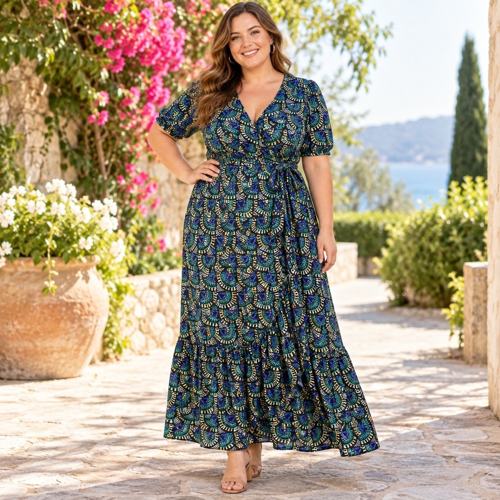 Silk & Salt Peacock Geometric Print Maxi Wrap Dress XL Blue Green Ruffle Hem